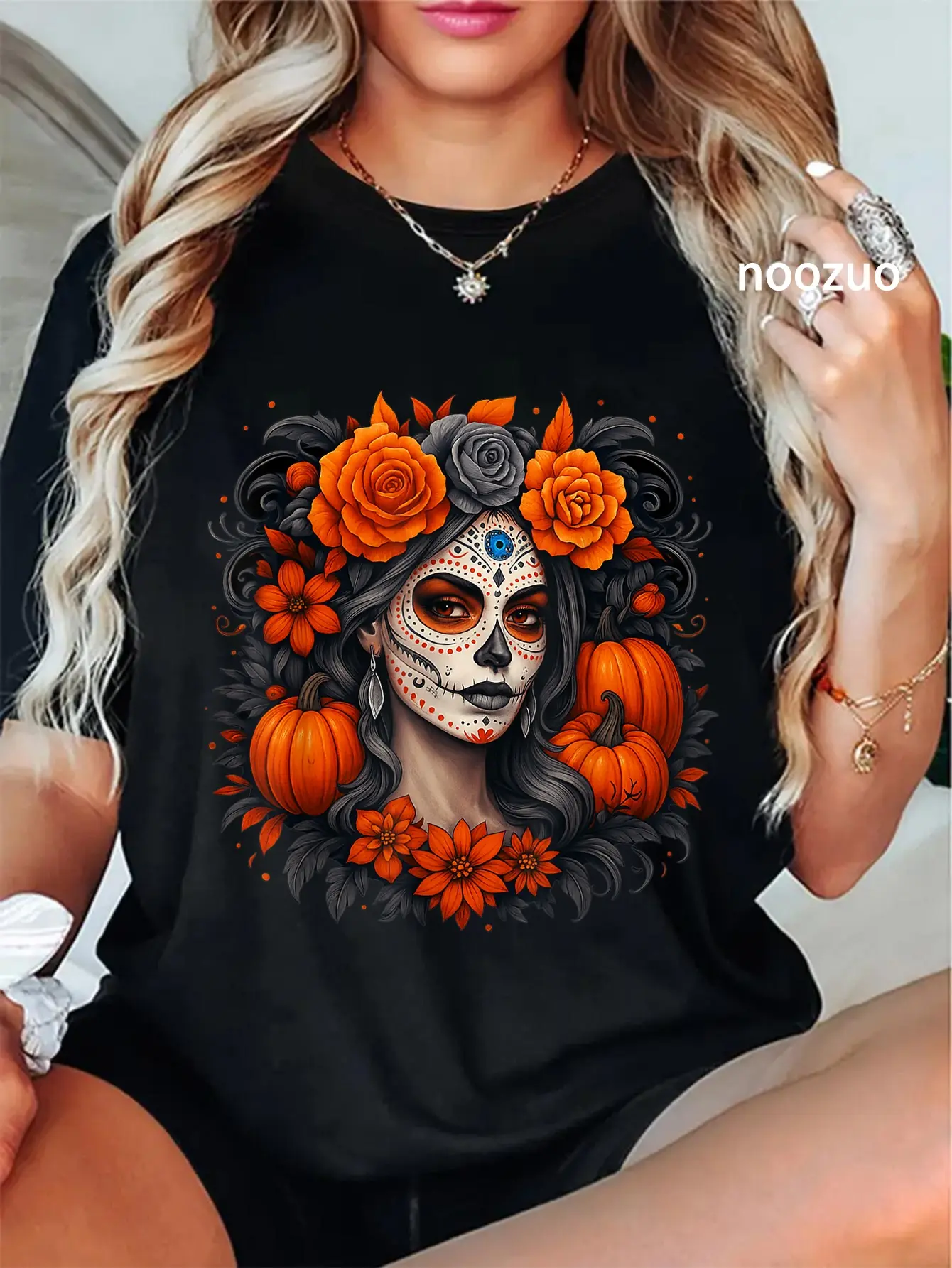 Women's Vintage Graphic T-Shirt with La Catrina Flower Skull, 100% Cotton Top for Day of the Dead, Party & Everyday Streetwear, Tshirt, Casual, Round Neck, Short Sleeve, Large, All Seasons, Wide Range Of Sizes
