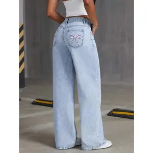 HEY+JEANS Trendy Washed Denim Wide-Leg Pants for Teenage Girls with Embroidered Bow on The Back Pocket
