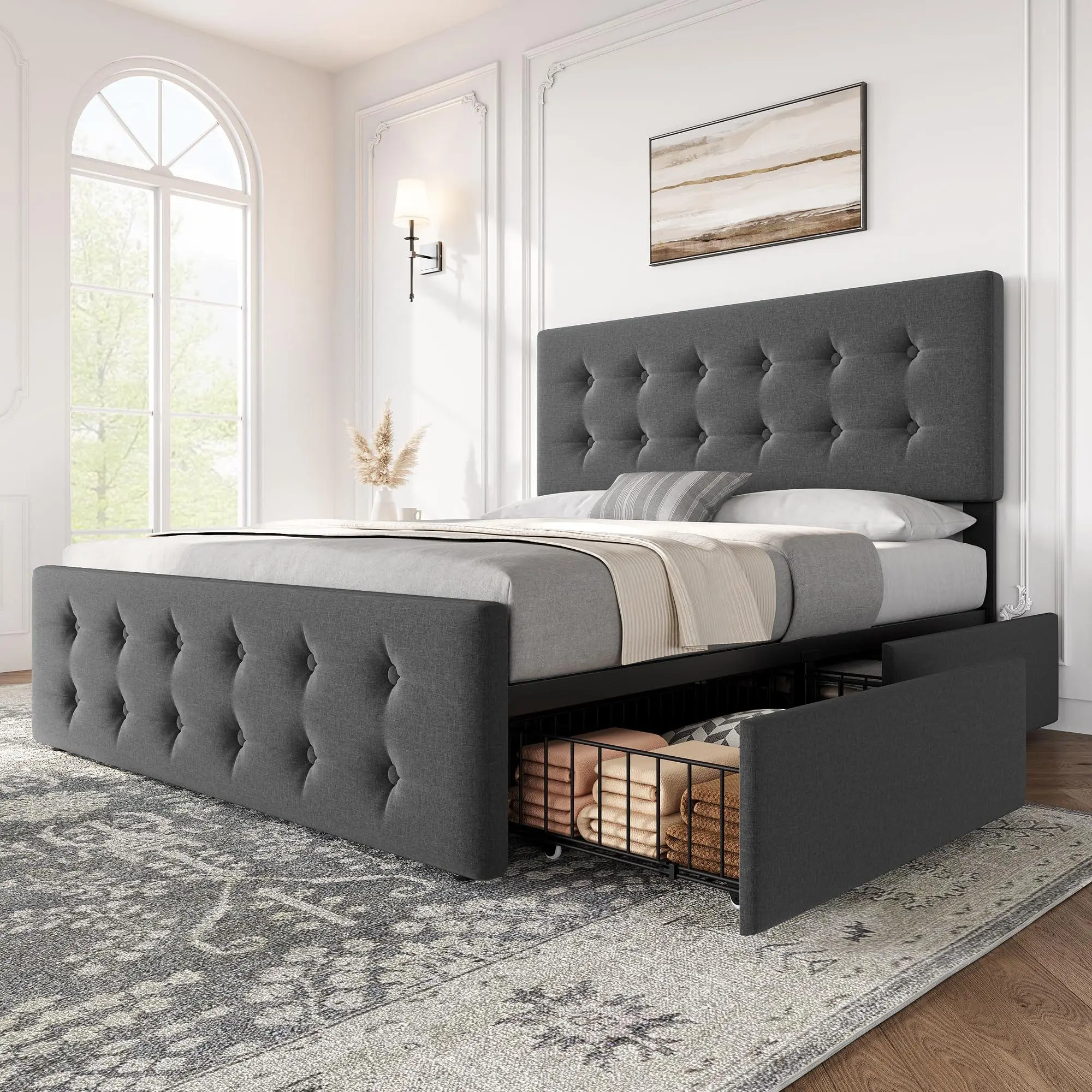 GARVEE Queen Size Bed Frame with 4 Drawers and Adjustable Headboard, Linen Fabric Upholstered Platform Bed with Button Tufted Design, No Box Spring Needed, Strong Wooden Slats, Dark Grey