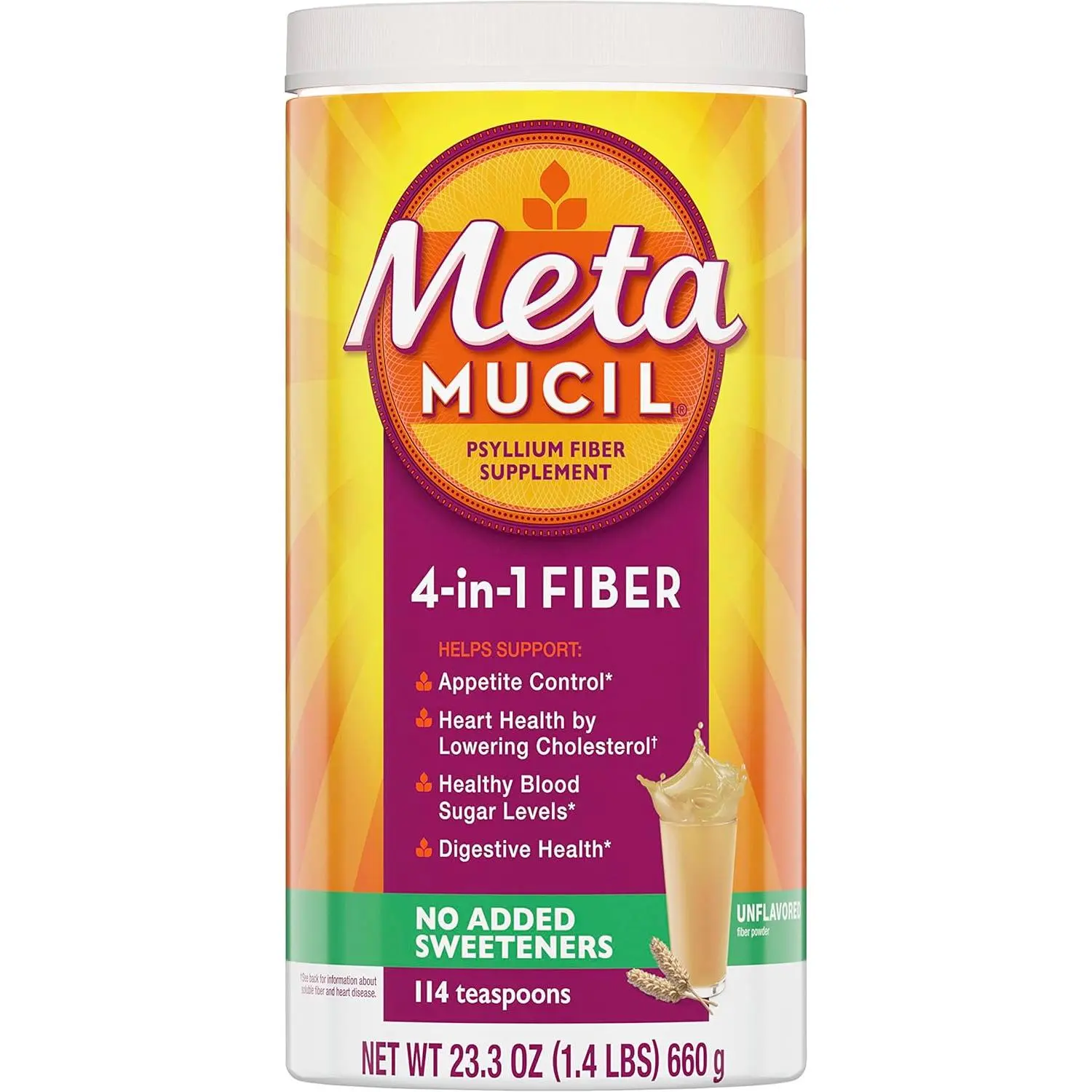 Metamucil Psyllium Husk Powder Supplement, Daily 4-in-1 Fiber for Digestive Health, Sugar-Free, No Added Sweetener, 114 Teaspoons