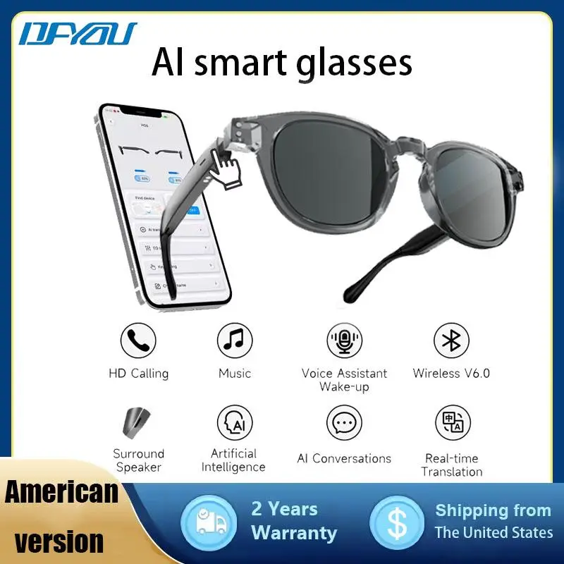 DFyou Minimalist Smart AI Bluetooth Glasses for Men - Open-Ear Audio Sunglasses with HD Calls, Music, 160+ Languages Real-Time Trans, Photochromic UV Protection Lenses, Hands-Free Wireless Wearable for Hiking, Travel