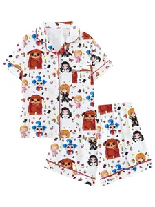 Labyrinth Cartoon Print Pajama Set – Two-Piece Button-Up Top & Shorts, Comfortable Casual Sleepwear, All-Season Loungewear