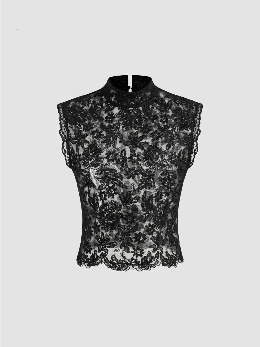 Lace Mandarin Collar Floral See-through Tank Top