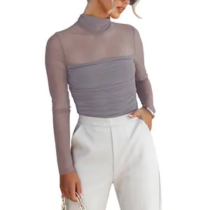 Women's Sheer Mesh Tops Long Sleeve High Neck Solid ColorFit T-Shirts Basic Blouses，Sexy See Through Tee Shirts Party Club Night Lace Blouse