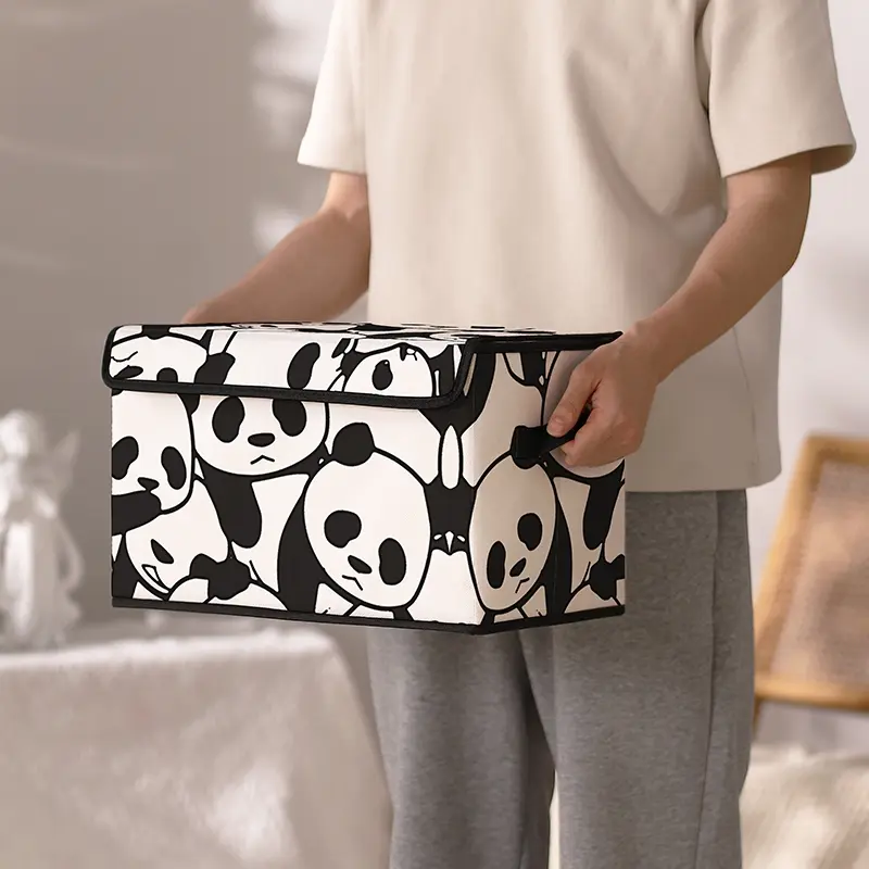 Panda Pattern Printed Storage Box with Lid and Handle, Ideal for Clothes, Blankets, Bedding, and Toy Organization in Bedroom and Under Bed