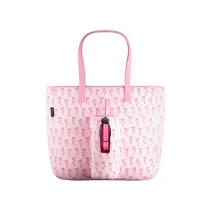 Tote Bag With Front Pocket And Zipper, Waterproof Shoulder Bag With Water Bottle Holder, Fits Laptop, Tumbler With Handle And Straw,