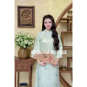 CHI KHANH Set Ao Dai To Theu/Blue Pants CT304