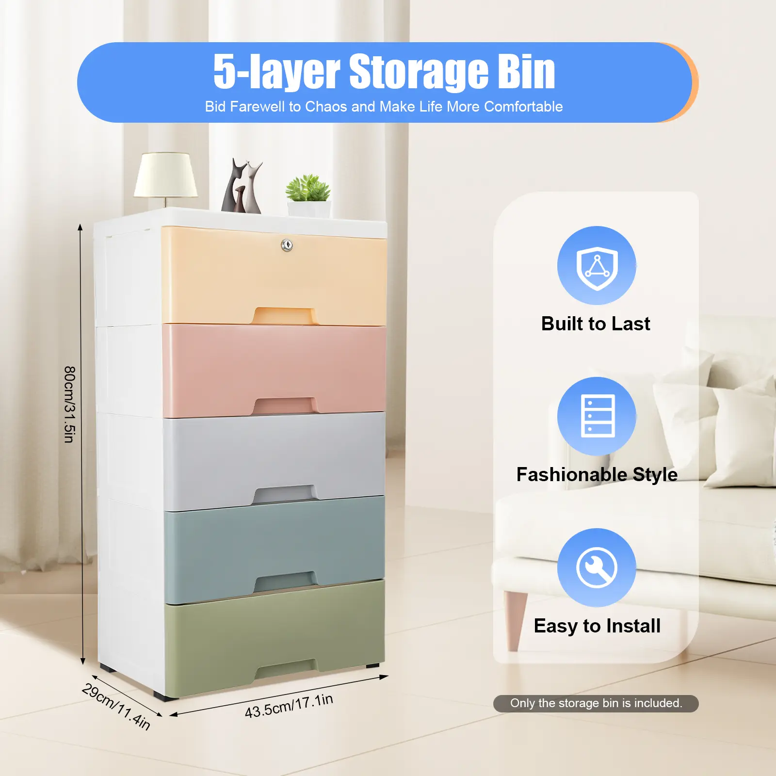 5 Drawer Plastic Storage Bin with Wheels, Rolling Organizer Cart, Lockable Top Drawer, Large Capacity 55 lbs, Macaron Color, Bedroom Living Room