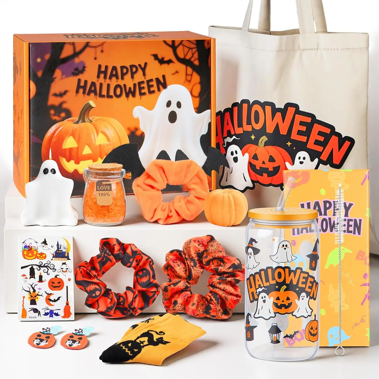 Boo Basket Stuffers for Women 11 Pcs, Halloween Basket Stuffers, Gift Box for Women, Girls, Teens, Audlts with Halloween Cup, Ghost-Themed Merchandise, Bath Ball, Socks
