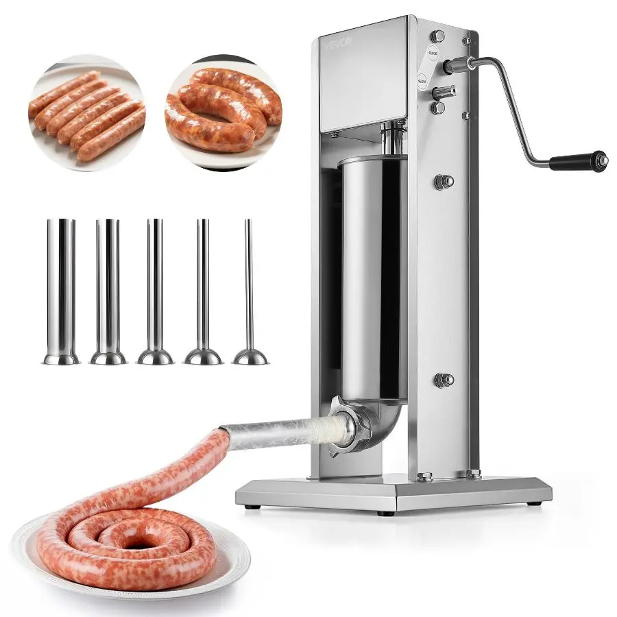 【toolupgrade】VEVOR Manual Sausage Stuffer, 5L/11LBS Vertical Kitchen Meat Filler, Dual-Speed Casing Filling Machine, Stainless Steel Heavy-Duty Model with Stable Base, Side Panels, 5 Stuffing Tubes, 19.29x11.81x25.98in, 26.68lbs, for Home & Commercial Use