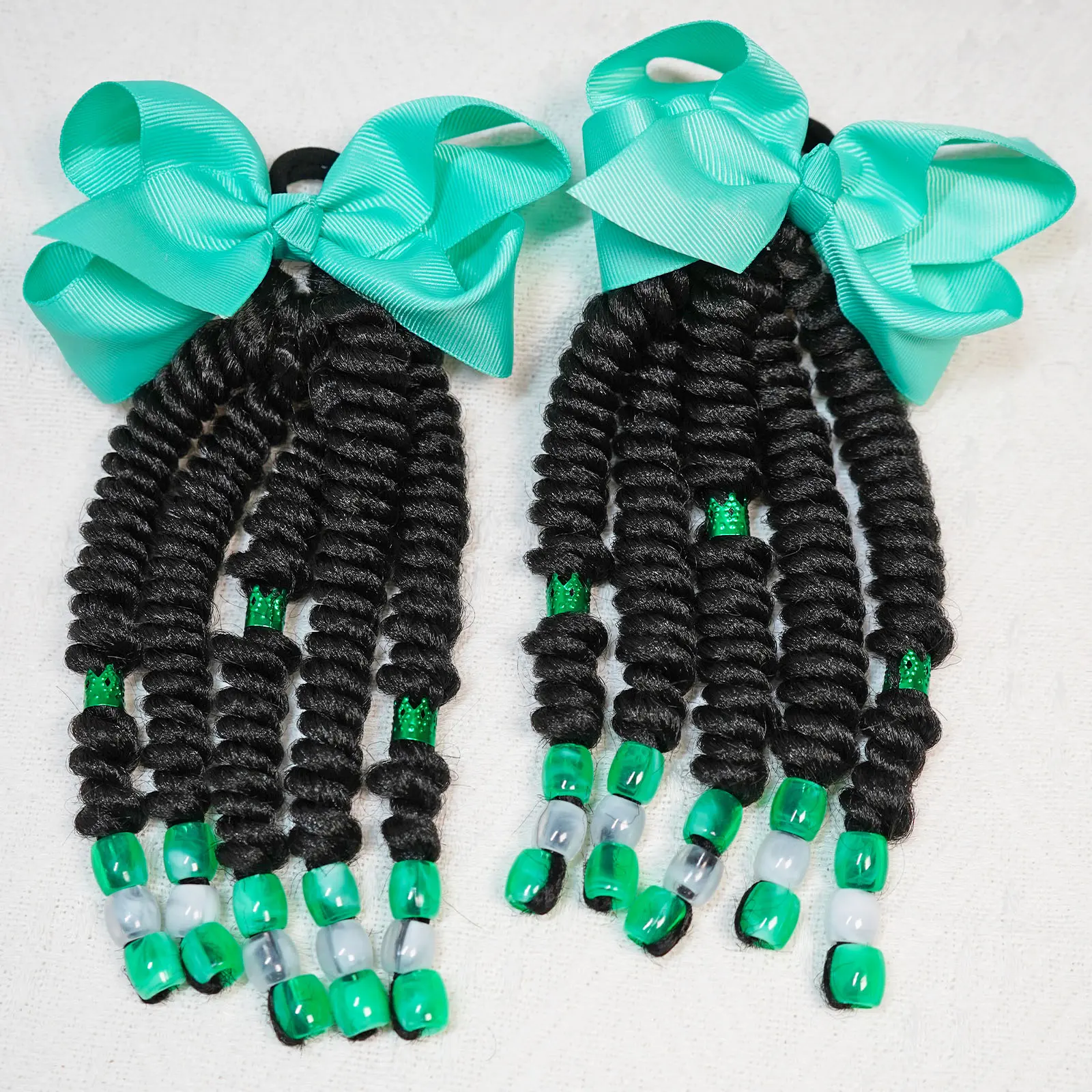 Girls' 8 Inch Reusable Synthetic Braid Ponytail Extensions - 2-Piece Set, Handmade Beads, Braiding Beads, Bow Attachments, Easy-to-Use Ponytail Hairstyles Accessory for St. Patrick's Day Gifts