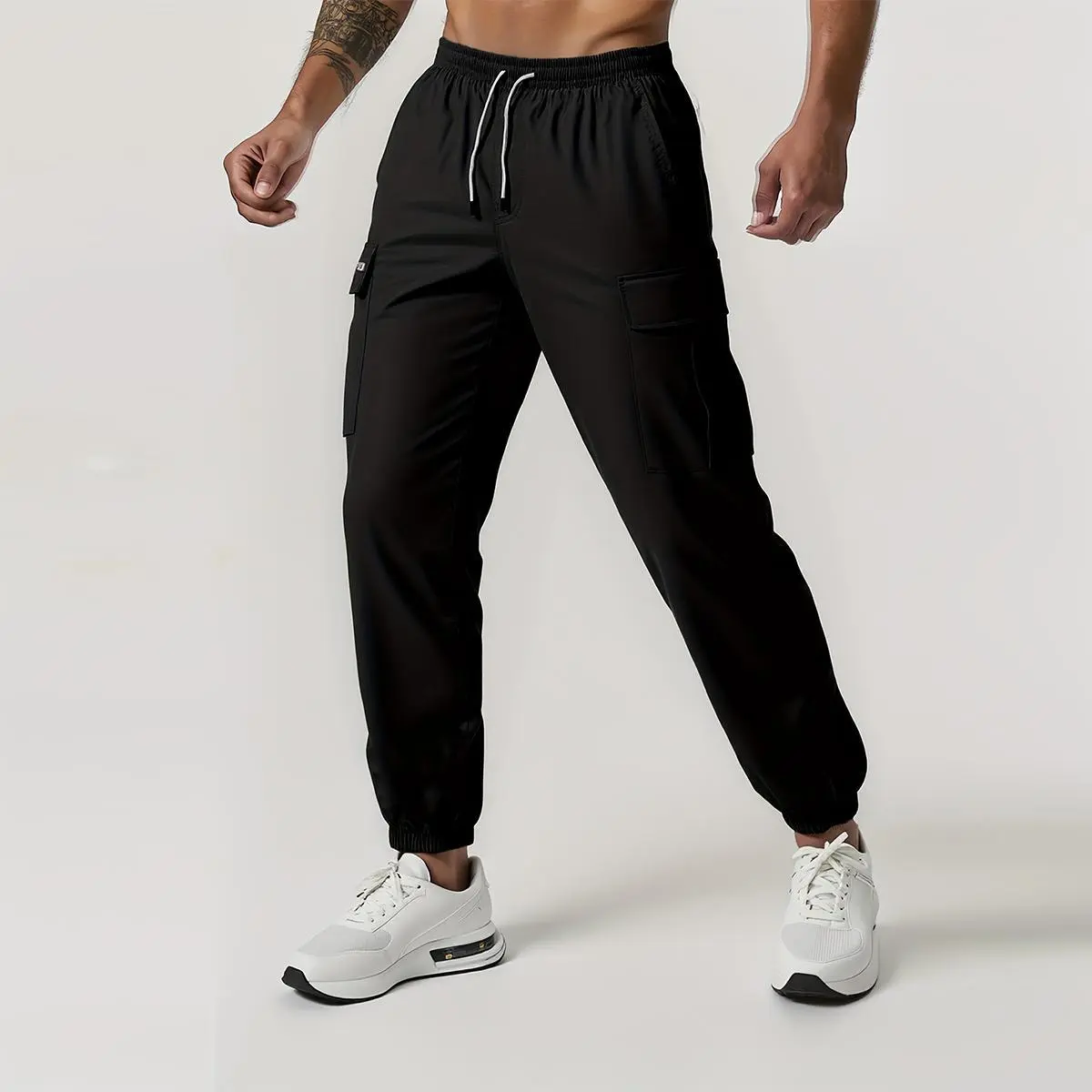 Men's Black Cuffed Cargo Jogger Pants - Elastic Waist Drawstring, Quick-Dry, Lightweight, Breathable, Body-Fitting, Non-Transparent Trousers with Multi Pockets, Ideal for Gym, Hiking, Daily Wear, Body-Fitting Men's Pants, Non-Transparent Men's Pants