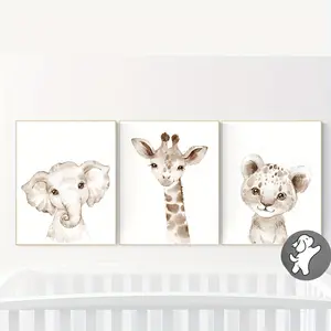 3pcs Nursery Wall Art - Animals Elephant Giraffe Leopard - Gender Neutral Canvas Painting Wall Art Decor - For Baby Nurseries -  Suitable for New Year & Eid Al-Adha - Perfect Gift for New Parents Wall Decoration Artistic