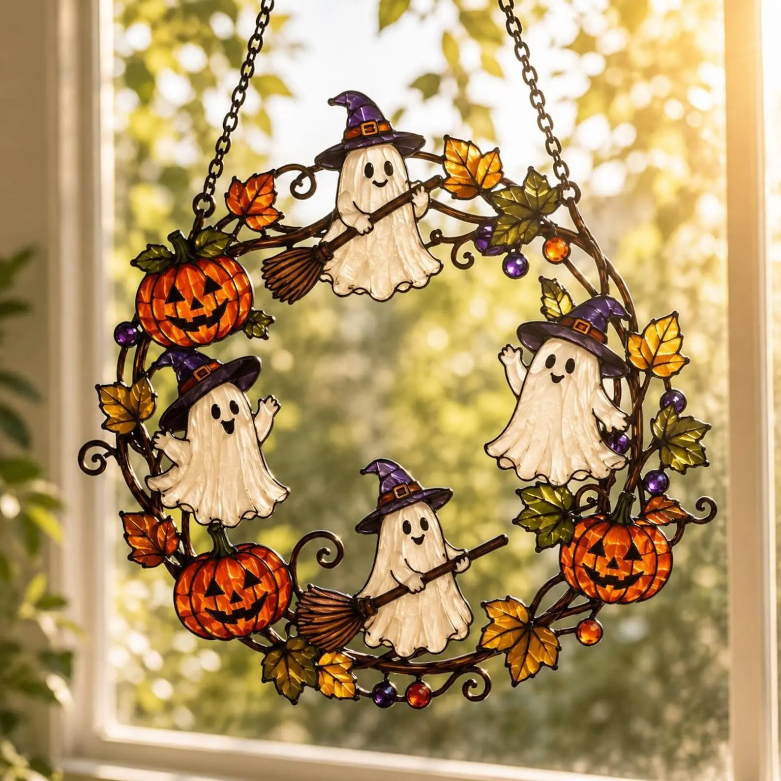 Halloween Ghost & Pumpkin Suncatcher Wreath, Faux Stained Glass Window Hanging Decor, Spooky Autumn Fall Home Art Gift