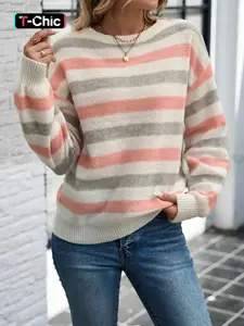 Women's Striped Print Drop Shoulder Fitted Sweater, Casual Long Sleeve Round Neck Jumper for Fall & Winter, Fashion Ladies' Knitwear for Daily Wear, Everyday, Womenswear, Fabric, Knitting