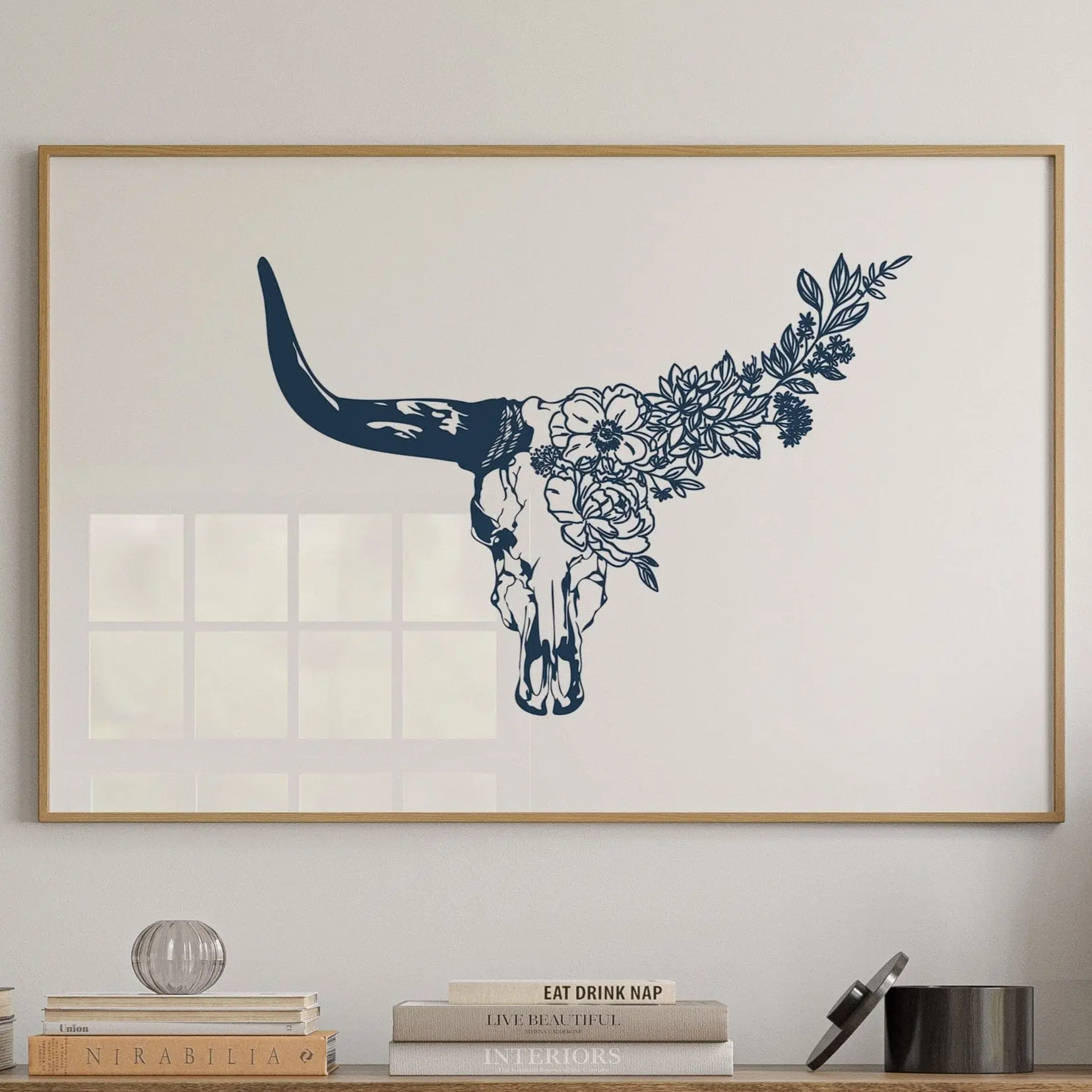 Floral Longhorn Skull Wall Art  Western Boho Cow Skull Print Poster,  Wall Decor Retro Art Print