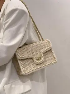 Women's Elegant Faux Pearl Decorated Straw Braid Shoulder Bag, Summer 2024 Exquisite Trendy Crossbody Bag, Fashionable Flap Bag for Daily Use, Handbag Shoulder Bag, Handbag Shoulder Purse