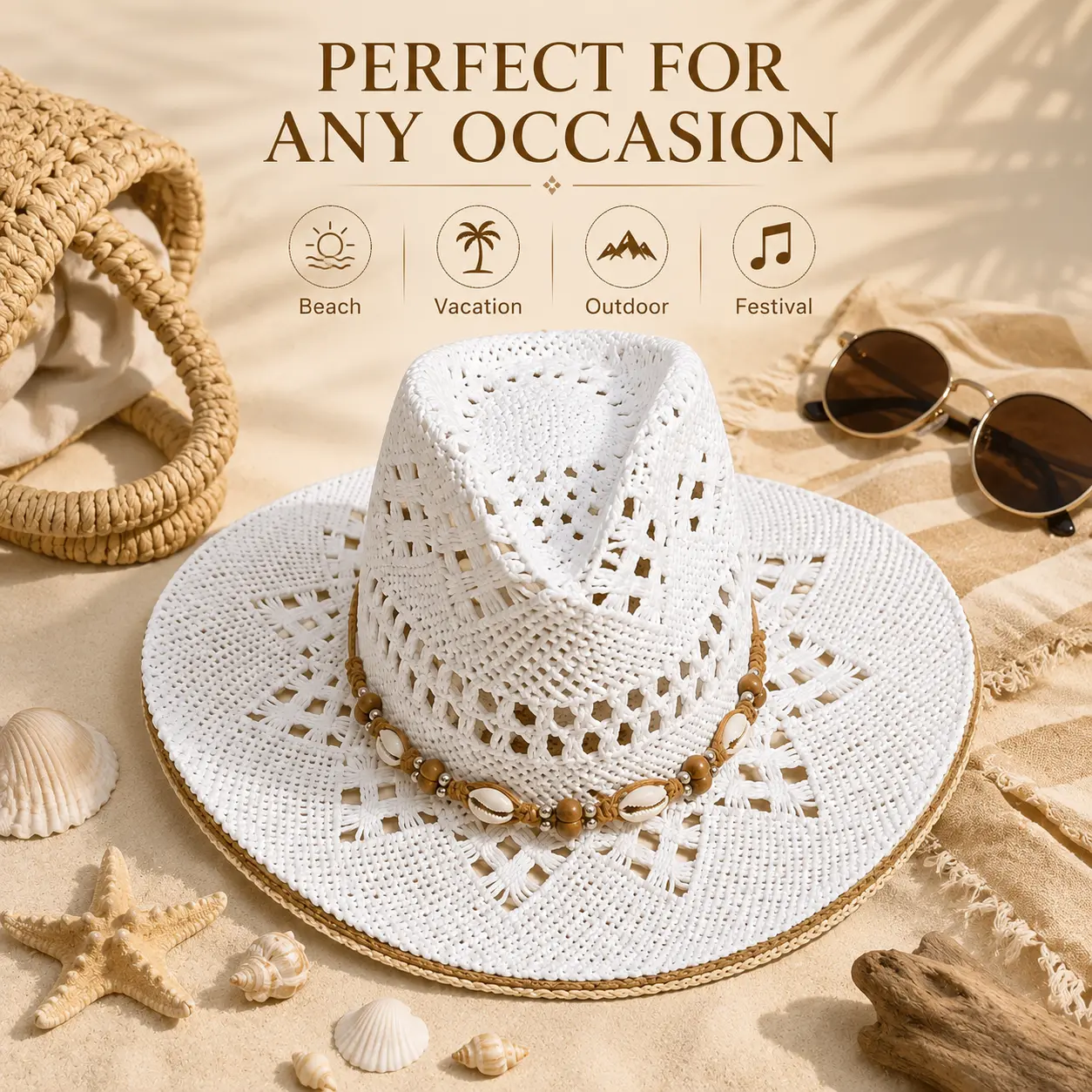 Women’s White Crochet Cowboy Hat with Shell Bead Band, Wide Brim, Breathable, Foldable Summer Beach Sun Hat for Vacation, Outdoor Wear