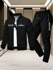 Fly Emirates Horse Print Aviation Theme Sporty Casual Set, Geometric Pattern Fitted Jacket, All Seasons Outerwear for Men