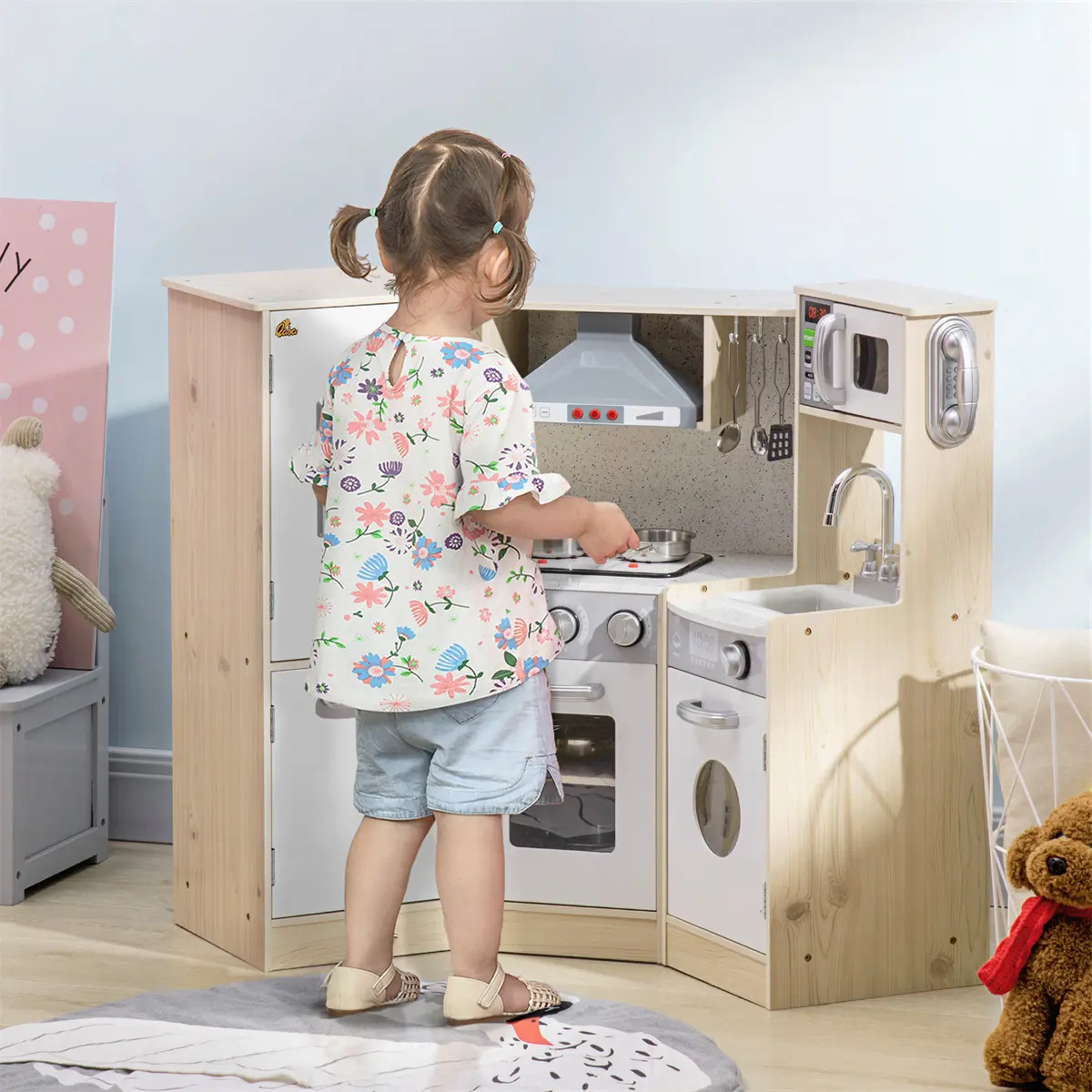 Qaba Ultra-Big Corner Kids Kitchen Playset with Lights & Sound Effects, Wooden Play Kitchen with Stainless Steel Cooking Toys, Imaginative Pretend Toy for Ages 3-6