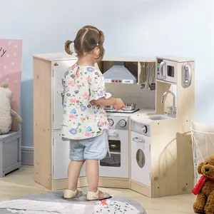 Qaba Ultra-Big Corner Kids Kitchen Playset with Lights & Sound Effects, Wooden Play Kitchen with Stainless Steel Cooking Toys, Imaginative Pretend Toy for Ages 3-6