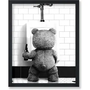 Poster Masters Funny Teddy Bear Print - Humorous Gift for Men, Women and Movie Fans - Black and White Wall Art for Bathroom, Toilet, Nursery, Kids Room - Wall Art