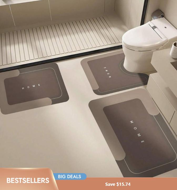 3-Piece HOME Design Bathroom Mat Set, Super Absorbent Microfiber Bath Rugs, Non-Slip Machine Washable U-Shaped Contour & Rectangular Floor Mats For Shower, Toilet, Hotel & Dorm