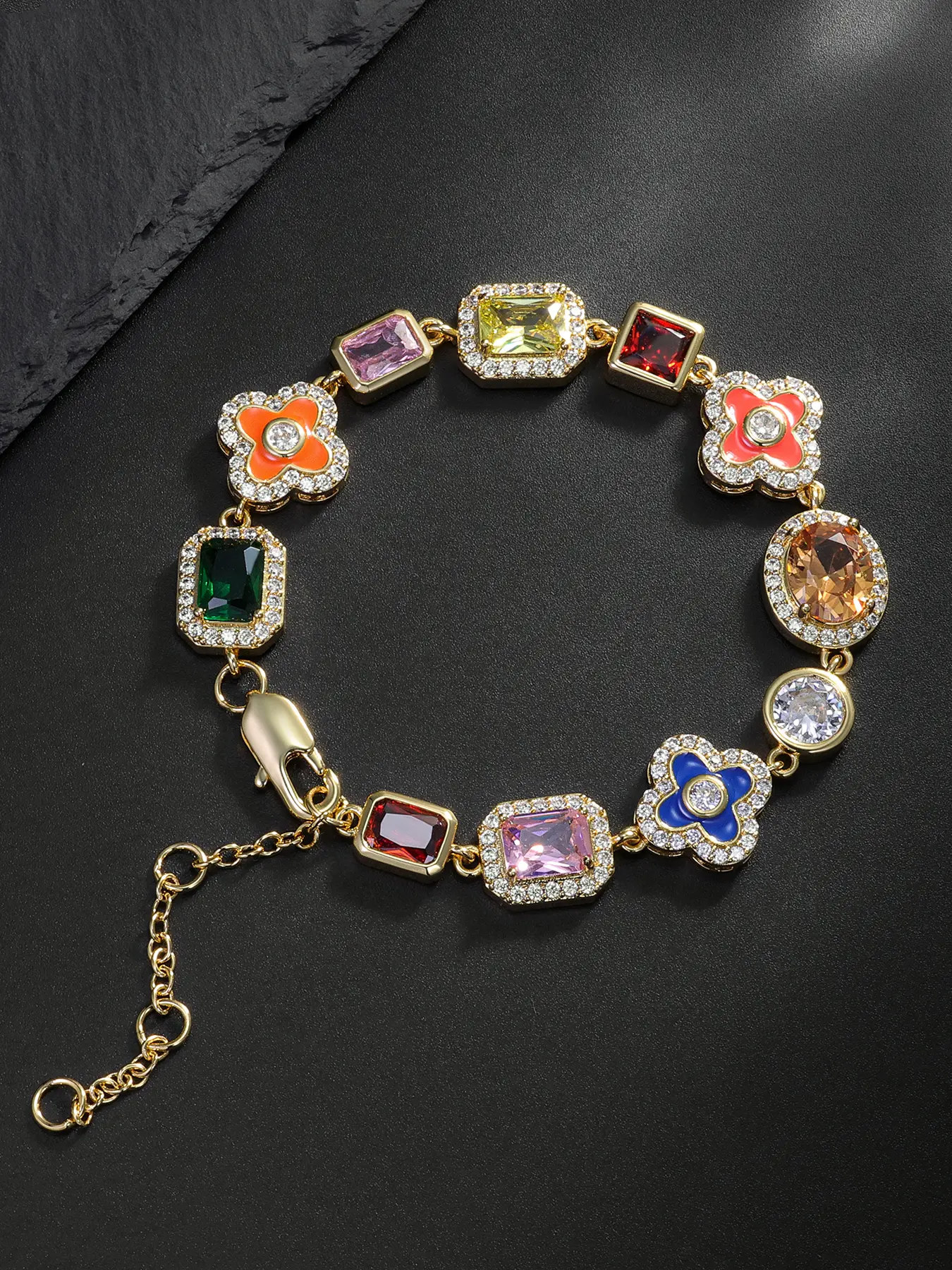 ICED CHICS Colorful Flower Cross Oil Drip & Square Cubic Zirconia Copper Exquisite Bracelet for Men and Women, Great Gift for Friends, Christmas and Birthday Gift