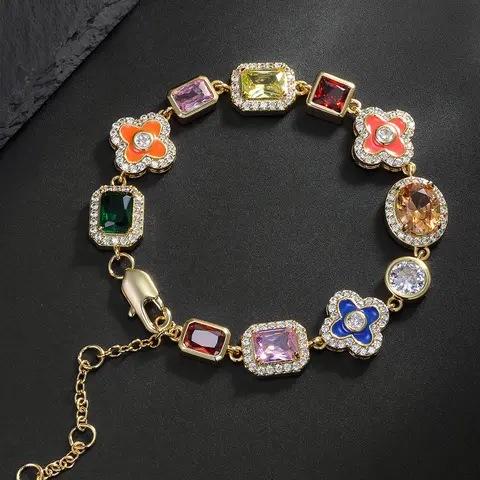 ICED CHICS Colorful Flower Cross Oil Drip & Square Cubic Zirconia Copper Bracelet Jewelry Exquisite Trendy for Men and Women, Great Gift for Friends, Christmas and Birthday Gift