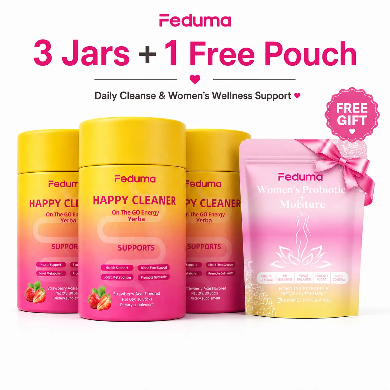 Feduma Happy Cleaner Cutting Mix Bundle | On The Go Yerba Energy Sticks | Women’s Probiotic Moisture Gummies | Daily Support
