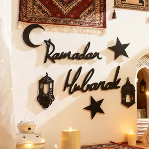 1 Set Mubarak Islamic Wall Decor Set, Black Crescent Moon Star & Lantern Wall Art, Muslim Festival Decor, Prayer Room Living Room Bedroom Decor, Hanging Wall Ornament, Bohemian Home Furnishings, Celebration Activity Decoration