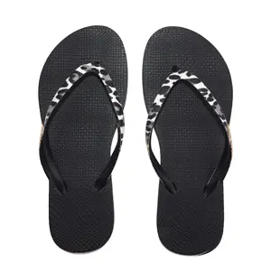 Slunza Women’s Black Flip Flops with Leopard Print Black & Gold PVC Straps, Trendy Thong Sandals for Casual, Beach Summer Outfits
