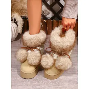 Retro thick-soled snow boots for women Outdoor Boots 2025 winter new style lace plus velvet thickened non-slip wear-resistant cotton shoes heightened cute short-tube fur boots