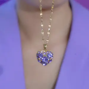 LisiZen New Unique Design Hollow Purple Heart Necklace Korean Style Elegant Earrings Trendy Full Diamond Heart Necklace DZXL4087