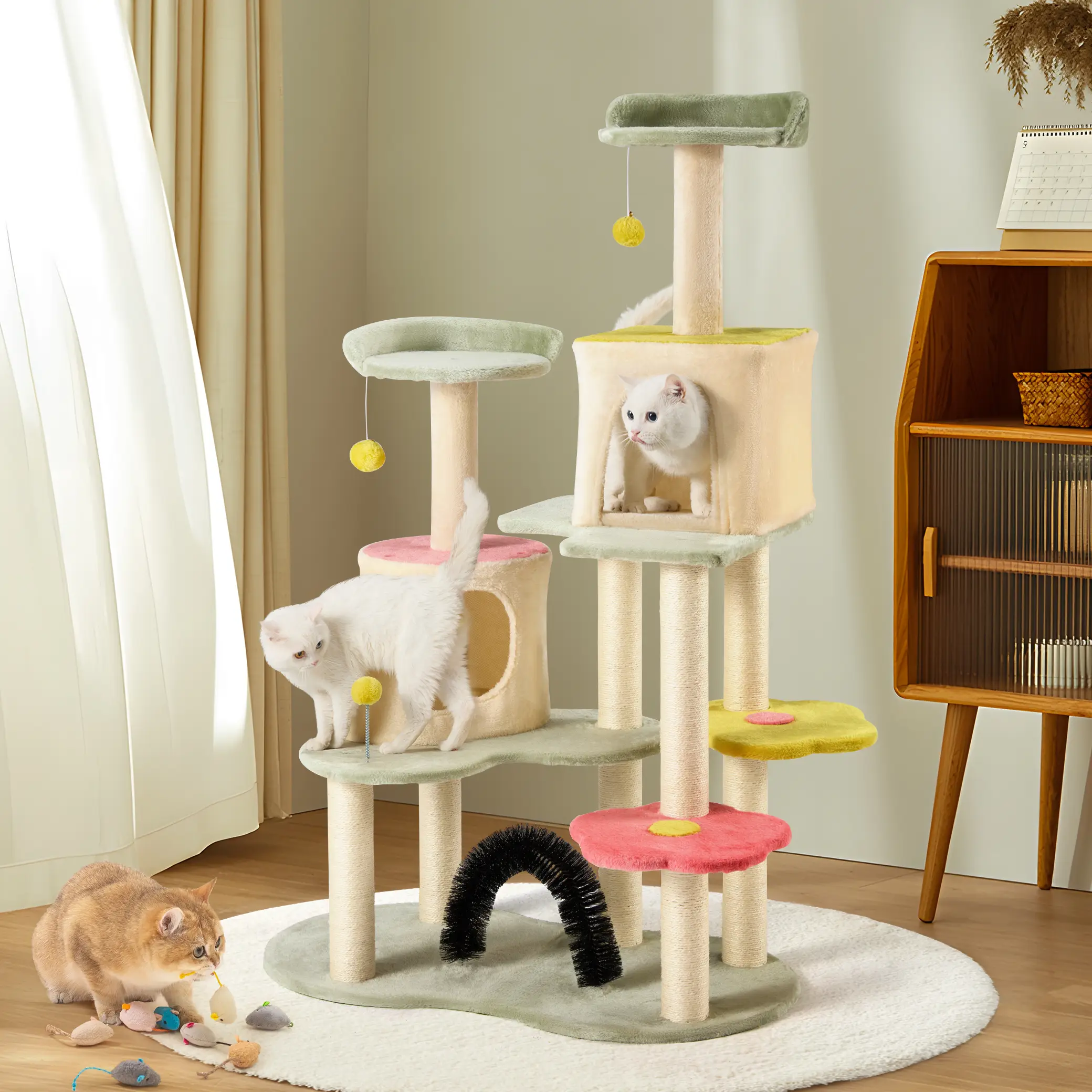 【Pettok】Multi-Tier Cat Tower Tree, 59 Inches Cute Cat Tree for Indoor Cats w/Sisal Covered Cat Scratching Posts Stand Cozy Condo,Large Adult Cat Hammo