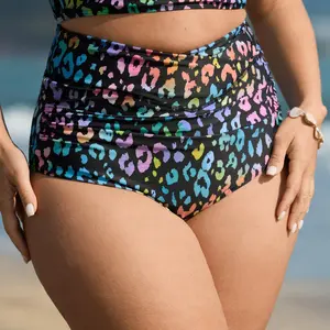BLOOMCHIC Plus Size Swim Bottoms - 2026 Summer Pick, High-Rise Cut, Tummy Control, Colorful Leopard Print Overlap Waist, Polyester Blend, UPF 50 Sun Protection, Bikini Swimsuit, Bathing Suits, Sizes M-6X 2026 Summer Vibes Swimweek