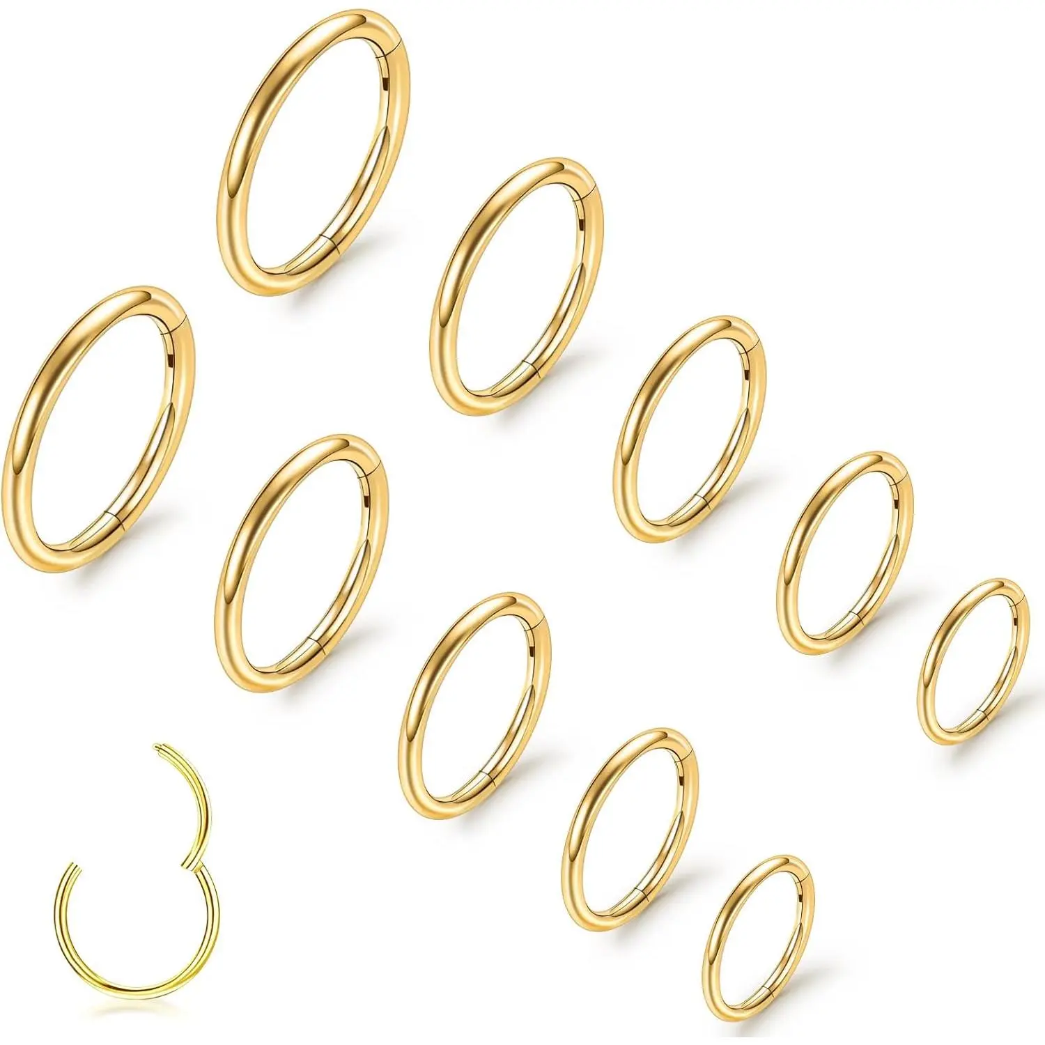 10Pcs Gold Nose Ring Hoop 20G Clicker Nose Hoops Hypoallergenic Stainless Steel Nose Piercings Jewelry Gold Nose Jewelry Septum Helix Cartilage Lip Body Piercings for Women Men 7mm 8mm 9mm 10mm 12mm