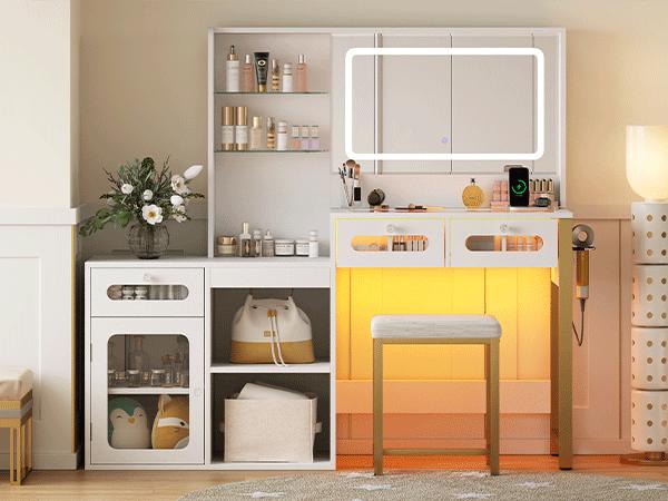 CollaredEagle Rectangular Wood Makeup Vanity Desk - Freestanding Modern Aesthetic Vanity with LED Lighted Mirror, Drawers, Storage Cabinet, Charging Station, Cosmetic Organizer & Matching Stool (White/Black)