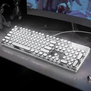 Punk Typewriter Lighted Mechanical Keyboard, All-metallic Panel 104 Keys Full Size Numeric Keypad, Retro Punk Round Keycaps USB Wired Keyboard with Multimedia Knob, Gaming Keyboard