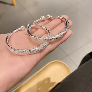 [Universal Fit 925 Silver Bangle] Elegant Boho Style Adjustable Cuff with Dual Bead Design -925 Silver Open Bangle for Women, Perfect for Daily Wear & Special Gifts, Valentine's Day Suitable, Universal Fit