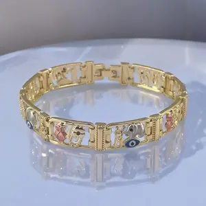 18K Tri-Tone Gold Plated Blue Eye Lucky Sign Bracelet for Women 7 Inches Long 2 Centimeters Wide Good Luck Protection Accessory