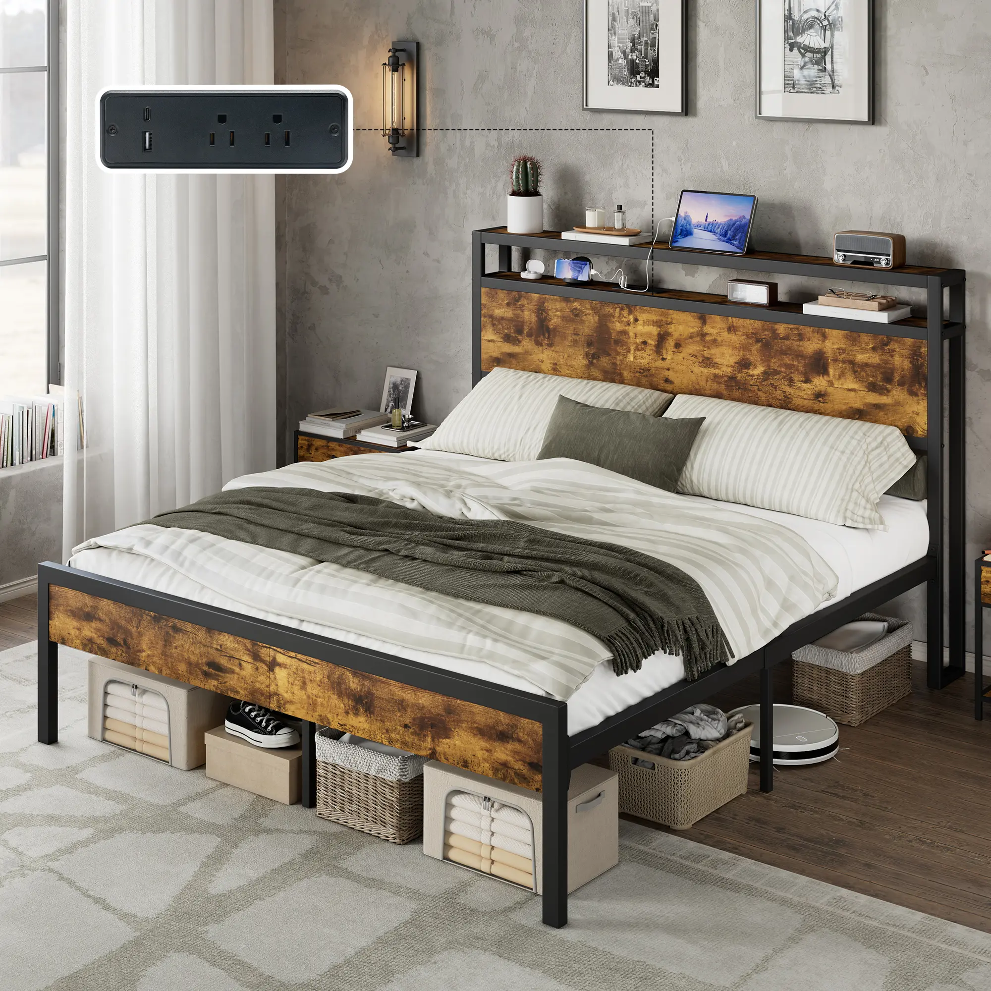 [Summerwins]VanAcc Bed Frame with Storage Headboard & Charging Station, Industrial Metal Platform Bed with Large Under-Bed Storage, Heavy Duty Slats, No Box Spring Needed