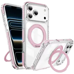 360° Rotating Magnetic Ring Stand Shockproof Clear Phone Case for iPhone, Slim Translucent Protective Cover