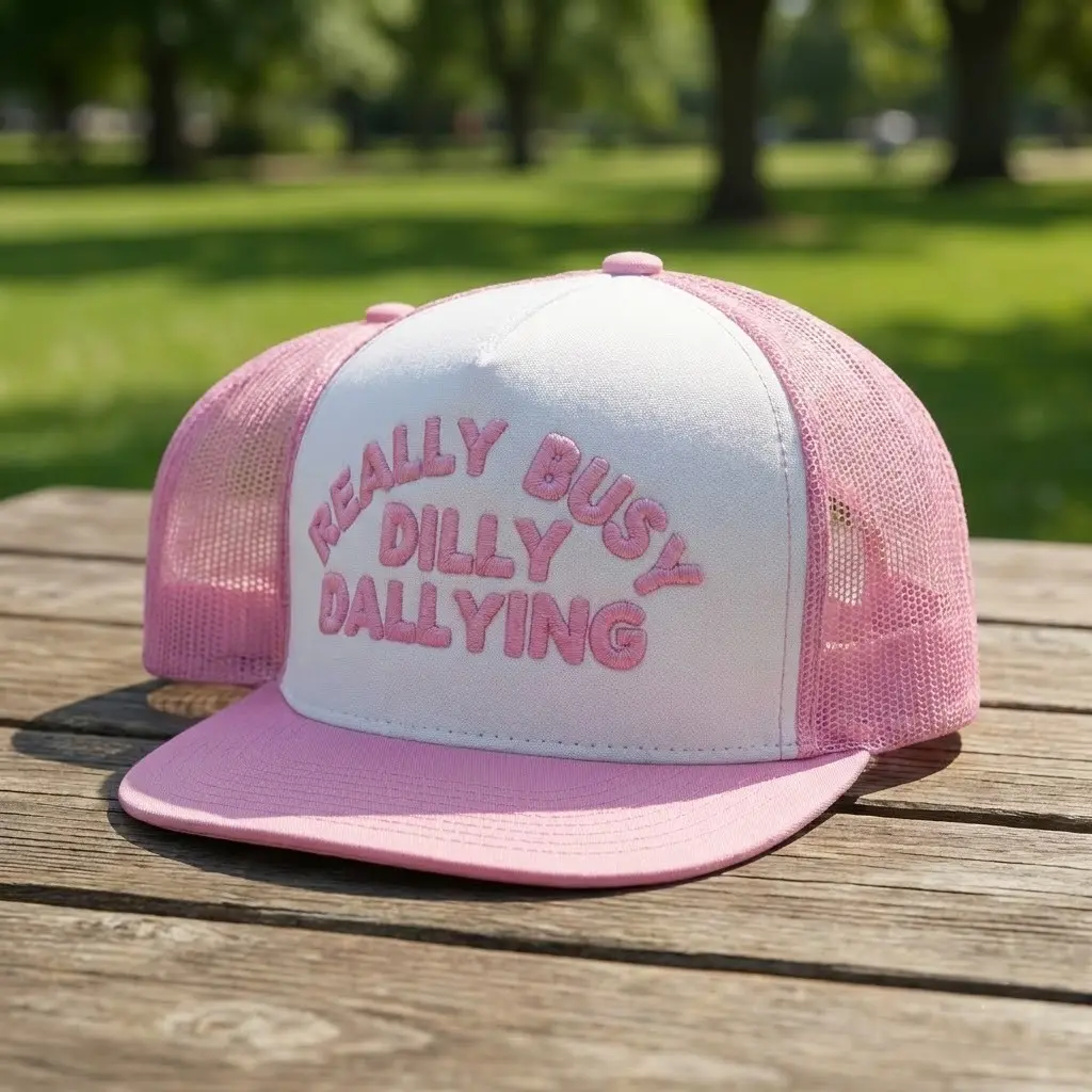 REALLY BUSY DILLY DALLYING Hat for Women, Pink Trucker Cap Funny Quote Hat, Adjustable Snapback Cute Girly Hat, Bachelorette Party Gift, Trending, Vintage Style Embroidered Hat, Casual Streetwear Cap USA Trendy Hat