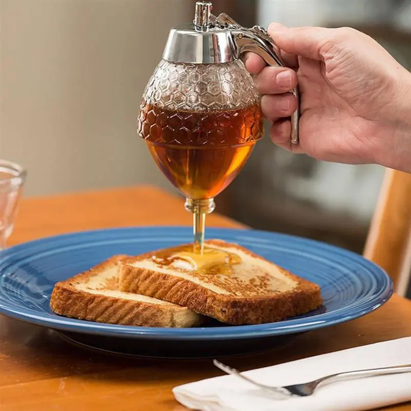 Press-Down Honey Jar Dispenser, Plastic Sealed Funnel Bottle with Base, Syrup Jug for Juice Distribution, Honey Syrup Distributor, Condiment Containers, Easy Press Bottle