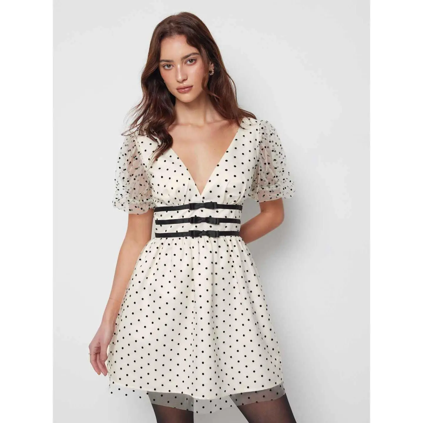 Cider Mesh V-neck Puff Sleeve Polka Dot A-line Mini Dress SwimWeek - TikTok  Shop