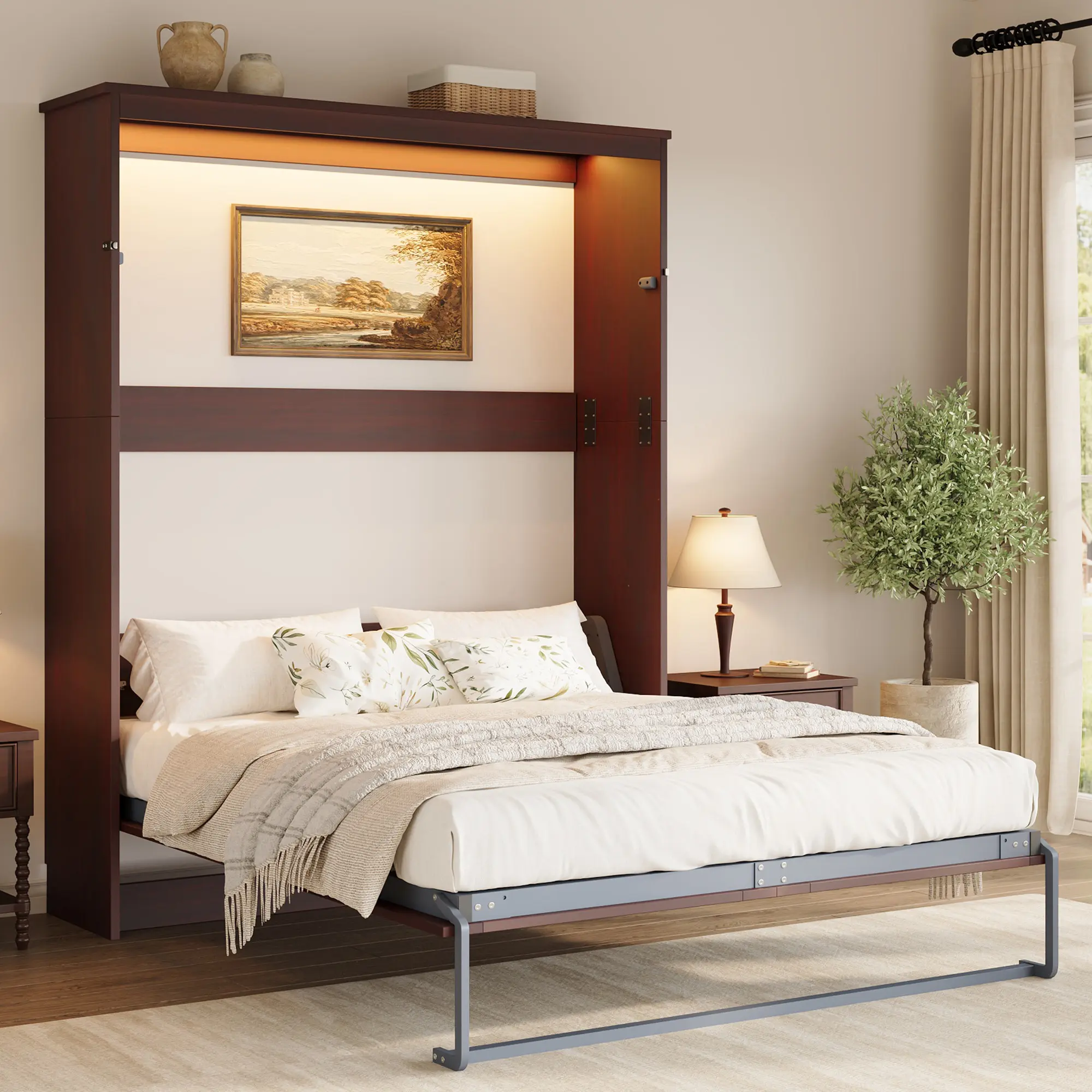 [Ships in 2 Boxes]AMERLIFE Murphy Bed with LED Light, Farmhouse Foldable Wall Bed with Charging Station & Gas Struts, Space-Saving Hidden Bedframe for Guest Room, Bedroom & Home Office #tiktokshopstockup