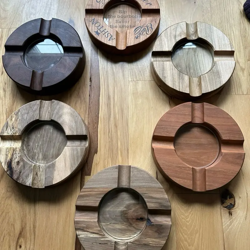 Handcrafted Walnut Wooden Cigar Ashtray – Solid Hard Wood, Round Forster