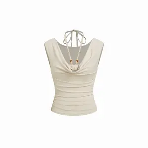 Cider Halter Neck Drawstring Ruched Cut Out Beaded Detail Crop Tank Top SummerWins Dealsforyou