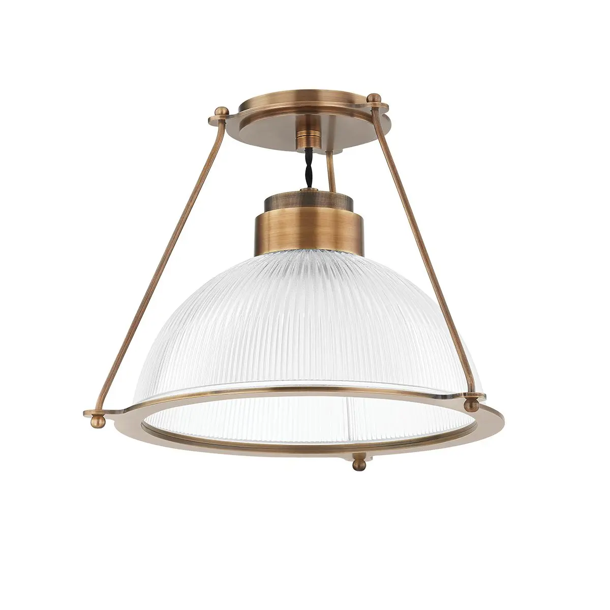 Glint 1-Light Semi-Flush Ceiling Light, Industrial Design with Ribbed Holophane Glass in Patina Brass